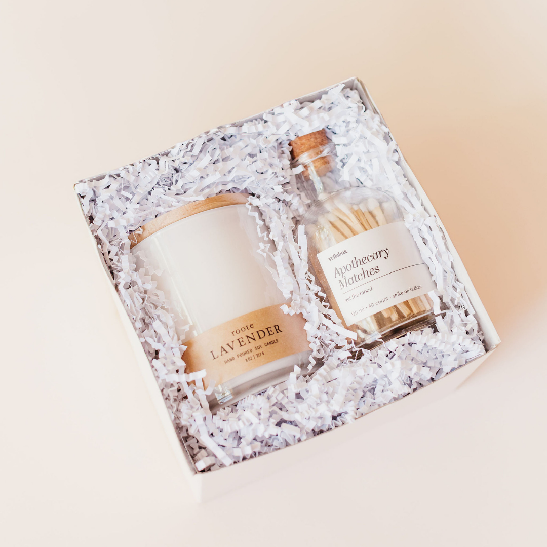 Neutral candle and apothecary matches gift box by Lavender + Pine, perfect for fall hostess gifting and holiday gatherings.