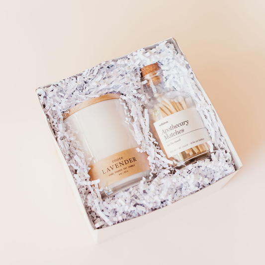 Neutral candle and apothecary matches gift box by Lavender + Pine, perfect for fall hostess gifting and holiday gatherings.