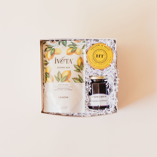 Lemon scone mix, herbal tea, and blueberry preserves beautifully packaged in a Mother's Day gift box by Lavender + Pine, ideal for cozy kitchen moments and thoughtful gifting.