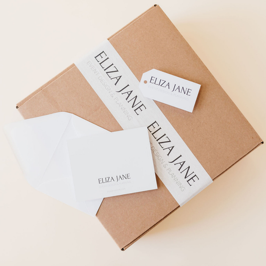 Branded semi-custom client gift box with Eliza Jane Event Design & Planning stationery, featuring a handwritten card, gift tag, and custom packaging from Lavender + Pine.
