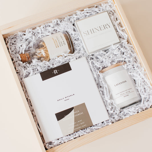 Wedding Day Reset gift box styled for a calm wedding morning