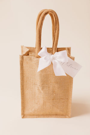 Welcome Bags: Jute Gift Bag with Tag & Ribbon